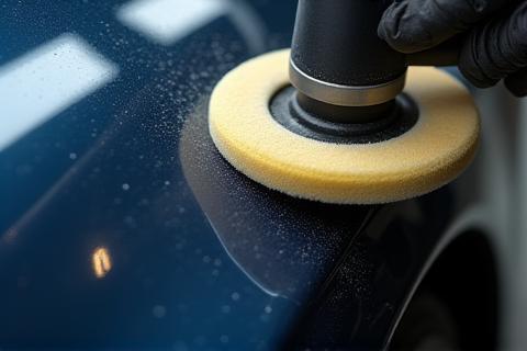 Closeup showing paint correction process on a car's hood